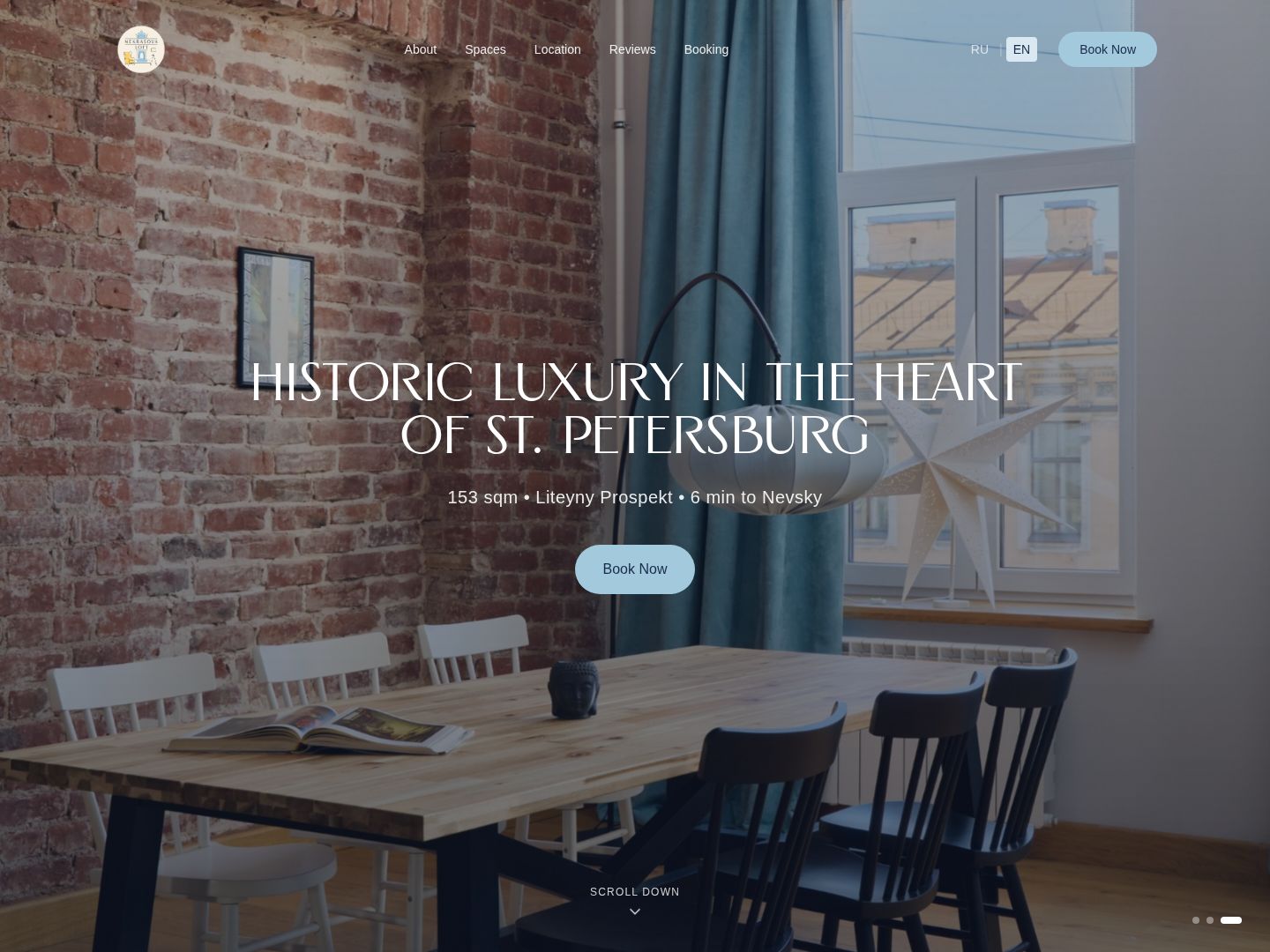 Nekrasova Loft home page with the apartment interior