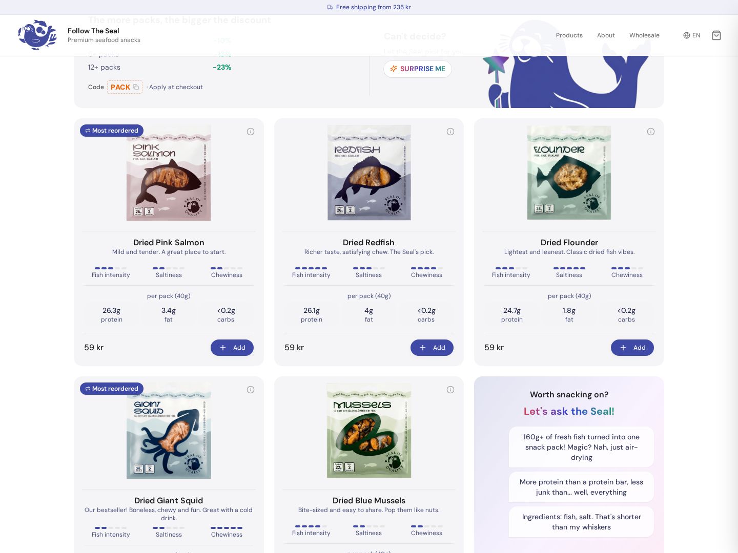 Follow the Seal product grid with nutrition details and prices